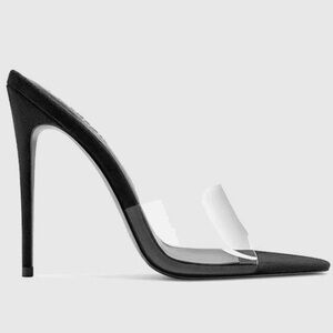 LA FEMME Gianni Clear Open Toe Snake-Print Embossed Mules Slippers Heels